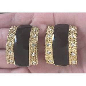 Vintage 90s Mogul black enameled & gold w rhinestone clip on earrings Glamorous
